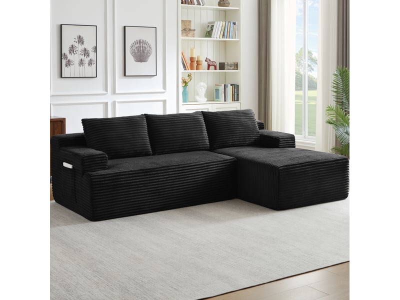  Canapé d'angle modulable 4 places noir en velours côtelé, assise profonde et méridienne à droite  - Conforama C