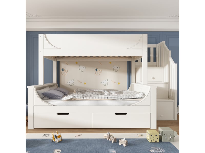  Lit superposé enfant 90x200 + 140x200 cm avec armoire, tiroirs, échelle et barrière de sécurité, bois et métal, blanc  - Conforama D