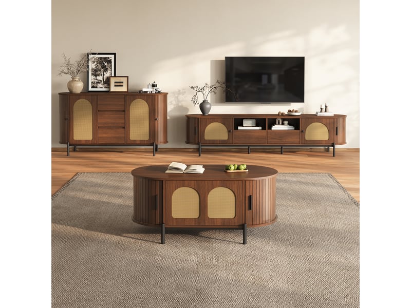  Ensemble de salon 3 pièces avec table basse meuble tv et buffet portes coulissantes aspect rotin et bois pieds métalliques rangement  - Conforama B