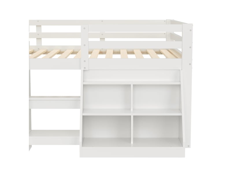  Lit mezzanine bas 140 × 200 cm, bois et mdf, led par application, rangements, échelle et barrières, sans matelas, blanc  - Conforama E