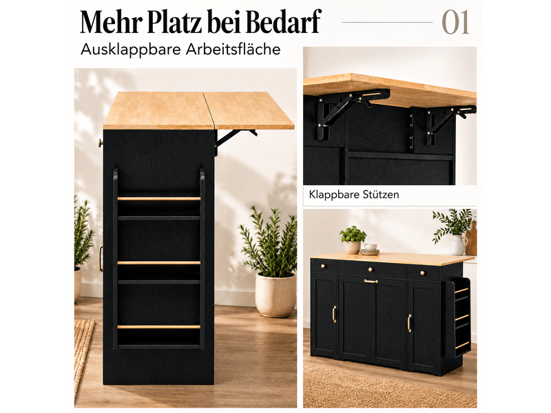 Buffet de cuisine 136 cm avec 3 tiroirs et 2 portes, meuble de rangement avec plateau effet bois, armoire vaisselle pour salle à manger - noir et bois - Conforama D