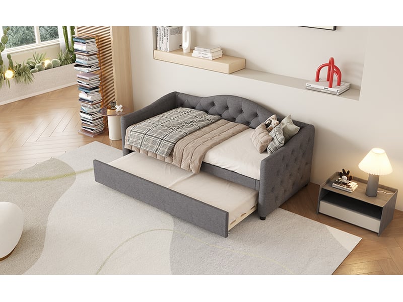  Lit gigogne 90x200 cm avec couchage coulissant, en lin, gris, sans matelas  - Conforama D