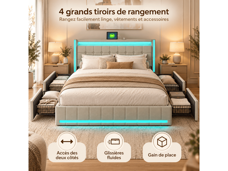  Lit double 180x200 cm,lit adulte,led et chargement usb, 4 tiroirs,sommier à lattes,lit 2 personnes pour adultes, lin ,beige  - Conforama D