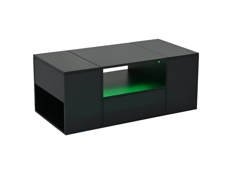  Table basse (100 x 50 x 40 cm), table d'appoint avec un tiroir, console avec deux compartiments, table de salon laquée brillante avec éclairage led, table basse avec 6 compartiments de rangement, noire  - Conforama A