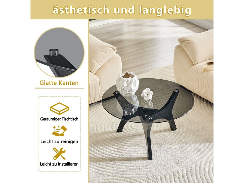  Table basse 80 cm forme ronde plateau en verre cadre bois noir structure stable résistant à la chaleur et aux rayures  - Conforama E
