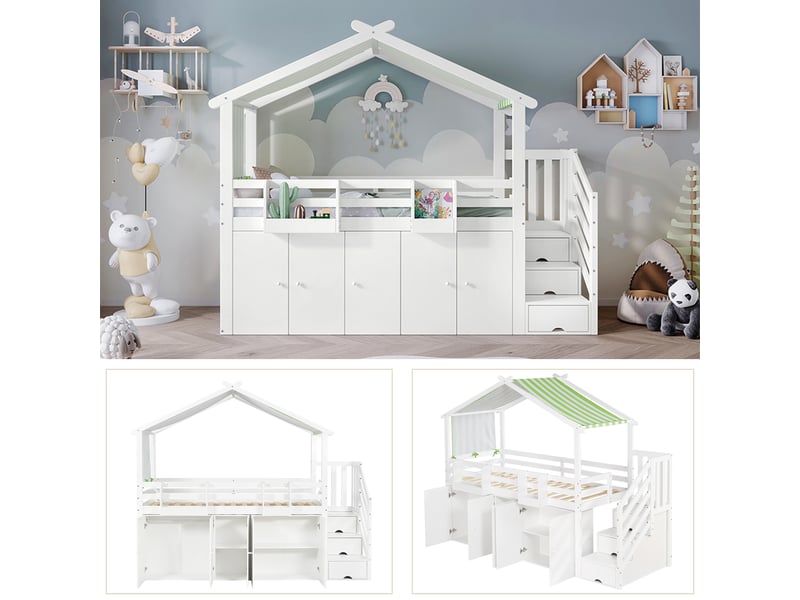  Lit enfant 90x200cm lit simple 1 personne avec lumière chaude à luminosité réglable, 2 bancs de rangement, velours, beige  - Conforama E