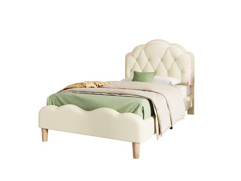  Modenvie lit enfant 90x200 cm - tête de lit ondulée avec led multicolore, sans matelas - beige  - Conforama A