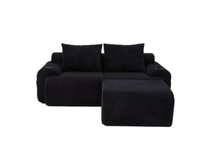 Canapé modulaire 2 places en velours côtelé avec 2 poufs, porte-gobelets, noir