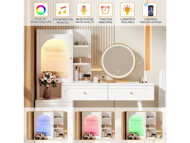  Coiffeuse blanche avec miroir lumineux led, plateau extensible, 3 tiroirs et rangements vitrés, 121,5 x 40 x 135,2 cm  - Conforama D