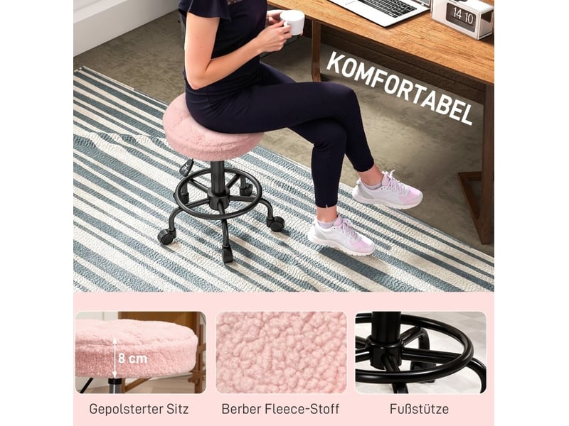  Tabouret de bureau rose réglable 50-66 cm, pivotant à 360° sur roulettes, assise rembourrée pour travailler  - Conforama D