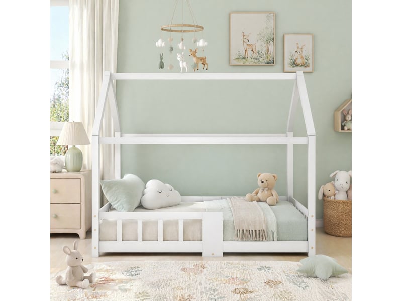  Lit cabane enfant 90x200 cm blanc avec sommier à lattes et tableau  - Conforama B