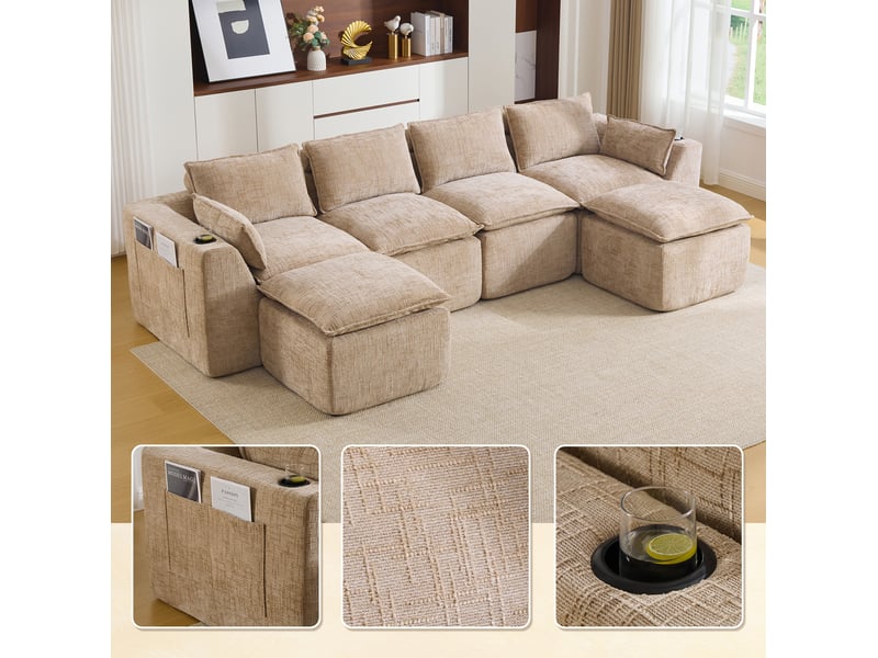  Canapé modulable modenvie 4 places avec 2 poufs, coussins, porte-gobelets et poches latérales, chenille kaki, 322 x 161 x 75 cm  - Conforama D