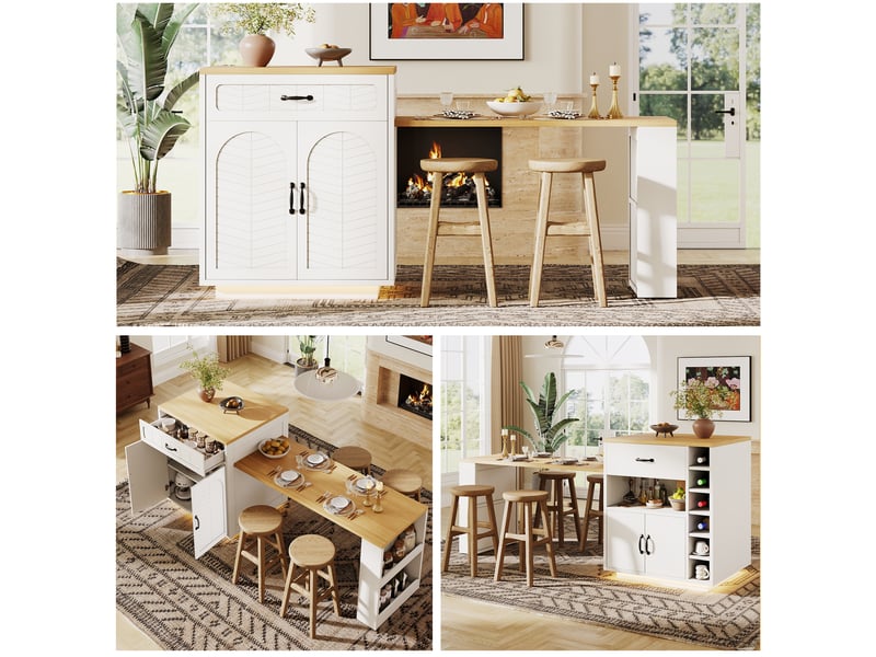 Desserte de cuisine 141-193,5x70x101,5 cm, 2 tiroirs, 4 portes, table extensible, mdf et métal, couleur blanc et bois  - Conforama E
