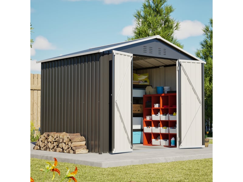  Abri de jardin en métal 240,4 x 192,3 x 191 cm, rangement extérieur avec double porte verrouillable, 4 aérations, base renforcée, noir Luxe haut de gamme - Conforama D