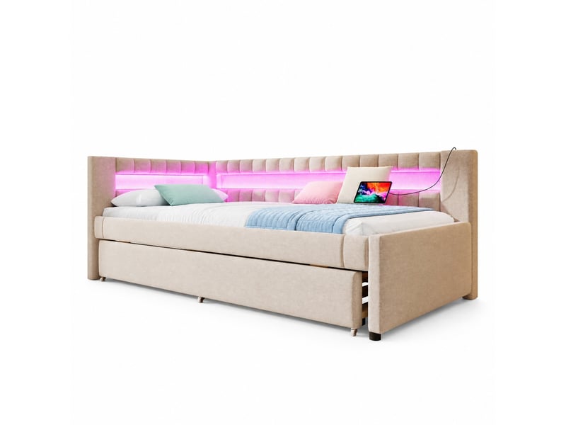  Lit de jour tcqpz 90 x 200 cm avec lit gigogne led usb type-c lin beige  - Conforama A