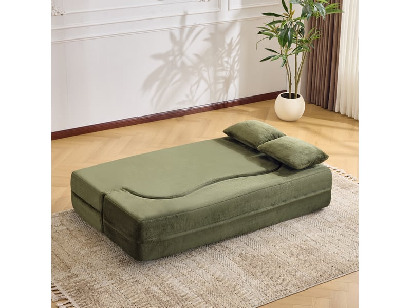  Canapé droit convertible 2 places vert olive en tissu, pliable avec 2 coussins, idéal pour salon ou chambre d'amis  - Conforama E