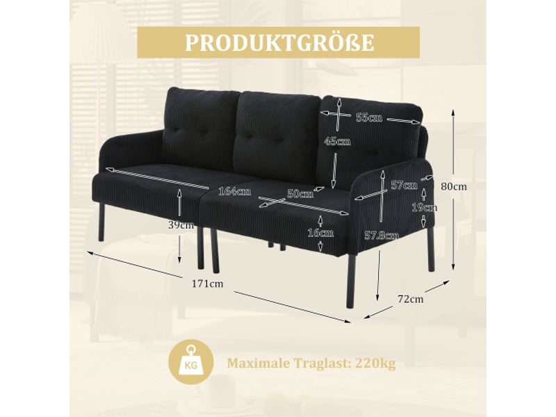  Canapé 3 places velours côtelé – haut dossier, poches latérales, pieds métalliques – salon, chambre, bureau  - Conforama E