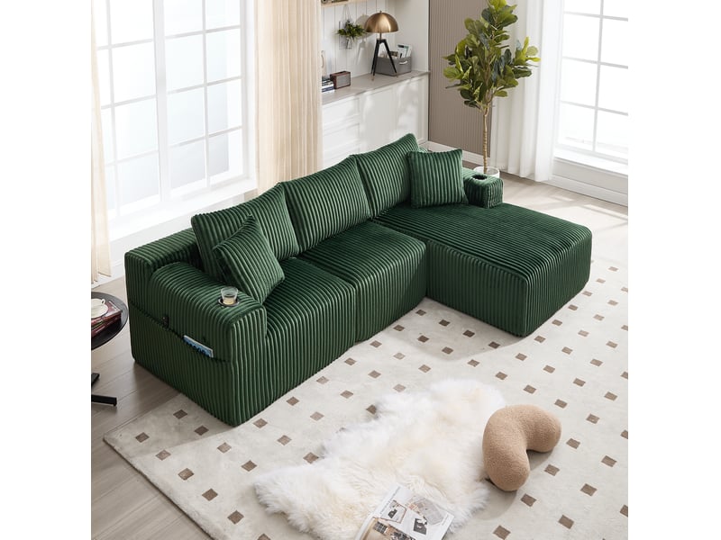 Canapé modulaire 3 places avec méridienne en velours côtelé vert émeraude - Conforama C