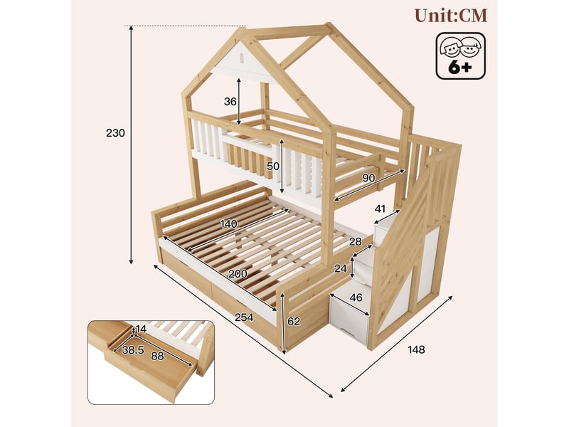 Lit superposé enfant 90x200 + 140x200 cm avec maison, toit pignon, escalier rangement, 2 tiroirs et barrières sécurité - blanc chêne - Conforama C
