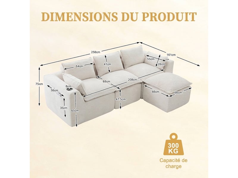 Canapé modulable 3 places en velours côtelé beige avec pouf - 256x161x75cm - porte-gobelet et poches - Conforama C