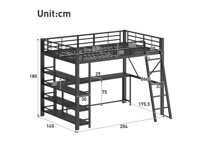  Lit mezzanine 140x200cm, bureau intégré, panier et compartiments de rangement, station usb, éclairage led, structure en métal, noir evarich - Conforama C