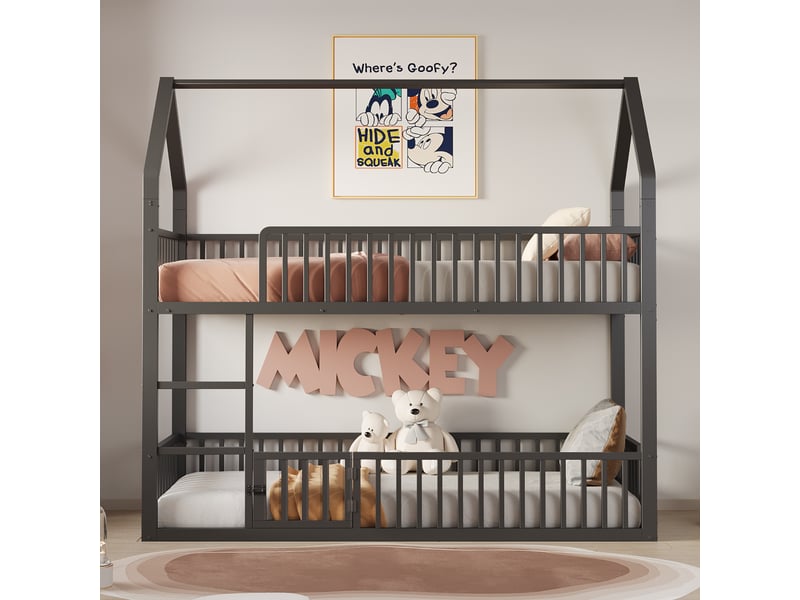  Lit superposé enfant 200×90 cm en forme de maison avec échelle frontale et petite porte, en métal noir  - Conforama C