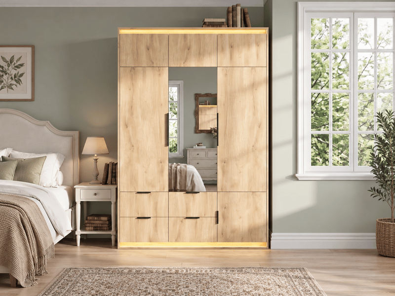  Armoire 3 portes battantes avec miroir et led, 4 tiroirs, penderie et rangements, 135 × 47 × 200 cm, effet chêne  - Conforama B