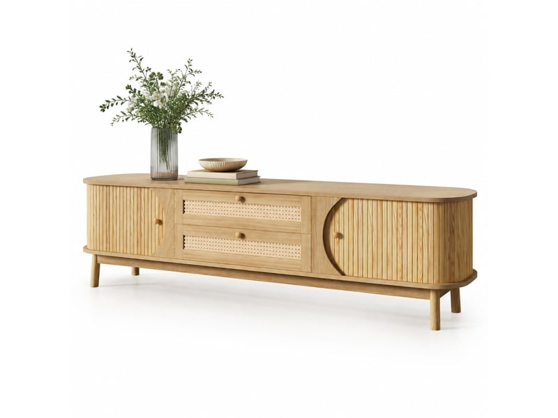  Meuble tv avec portes, tiroirs en rotin et rangement pour salon en bois 170×39,5×46 cm naturel  - Conforama A