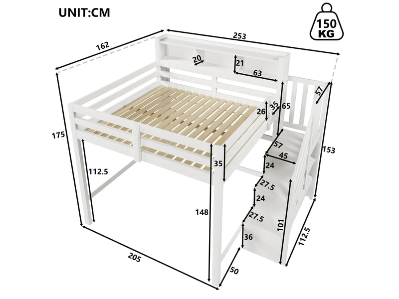  Lit mezzanine enfant 140x200 cm avec led et escalier de rangement blanc  - Conforama C