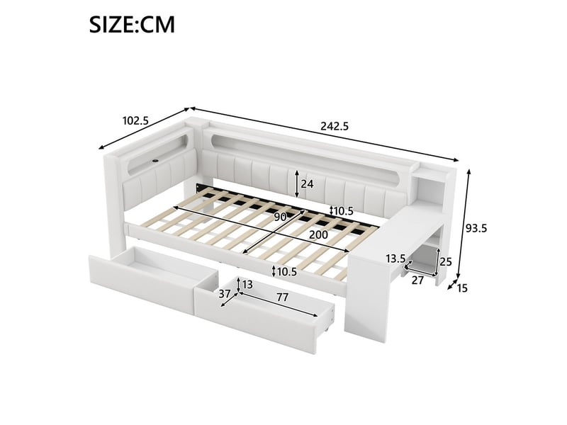  Lit de repos capitonné, 90x200 cm, avec ports de charge et bande led, incluant un bureau et 2 tiroirs, blanc  - Conforama C
