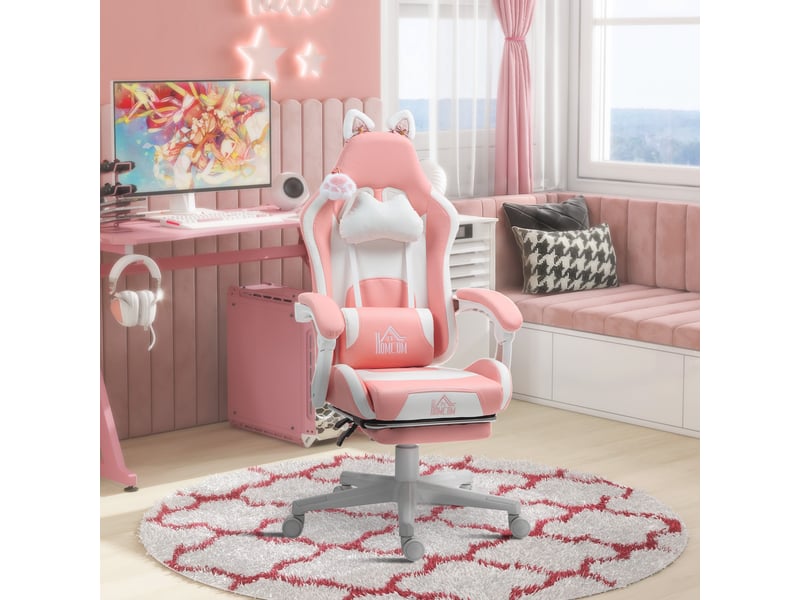 Chaise gaming ergonomique avec oreilles de chat repose-pieds soutien lombaire et cervical rose  - Conforama D