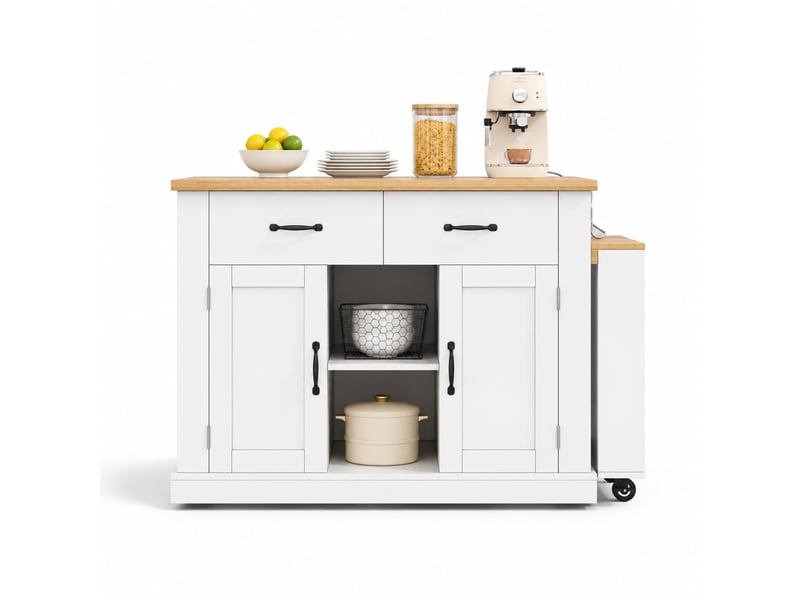  Îlot de cuisine mobile avec table extensible jusqu'à 235 cm, blanc et effet chêne  - Conforama A