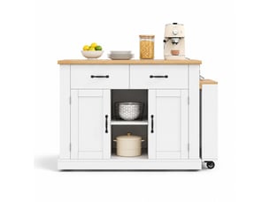 Îlot de cuisine mobile avec table extensible jusqu'à 235 cm, blanc et effet chêne
