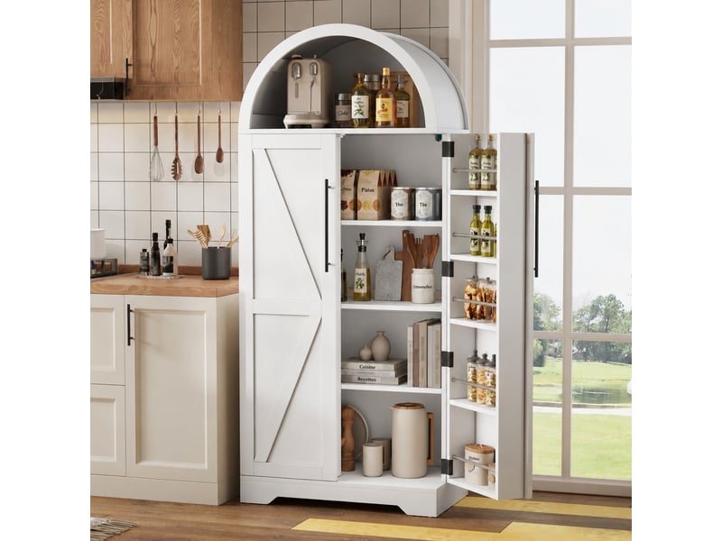  Buffet haut blanc avec niches ouvertes, portes à motif x et rangement pour bouteilles, 70 x 40 x 165 cm  - Conforama B