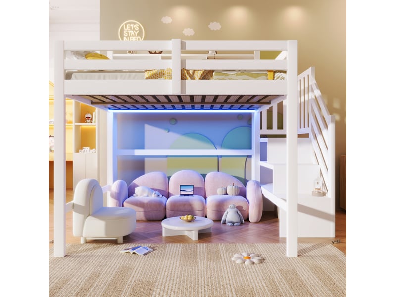  Lit mezzanine enfant 140x200 cm avec led et escalier de rangement, grand espace sous le lit, mdf, blanc, sans matelas  - Conforama D