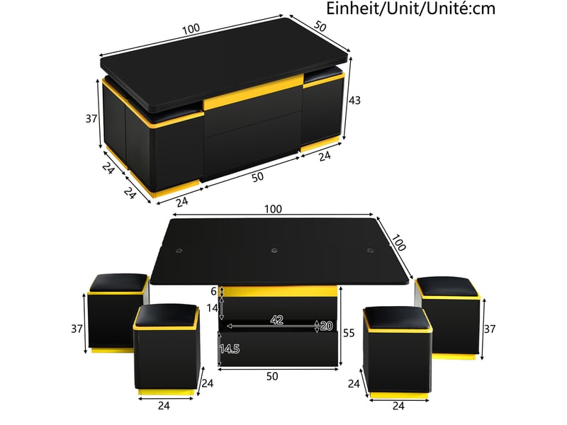  Table basse relevable pliable avec tiroirs et niches et 4 tabourets de rangement pour salon, noir, 100 × 50 × 43 cm  - Conforama E