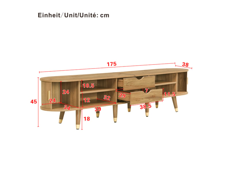  Meuble tv 175 x 38 x 45 cm avec portes coulissantes, rangements et finition bois  - Conforama C