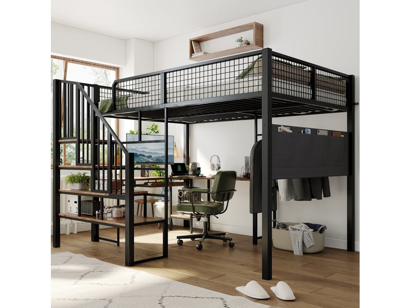 Lit mezzanine 140x200 cm avec bureau d’angle, escalier et chargeur noir - Conforama B