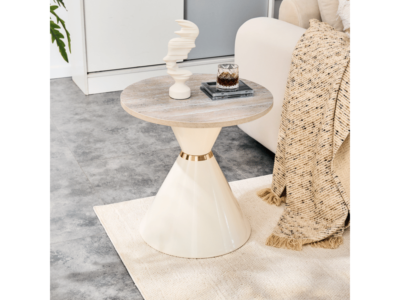  Table basse lot de 2 pièces tables gigognes plateau en mélamine effet travertin structure en métal blanc crème accents dorés gain de place  - Conforama B