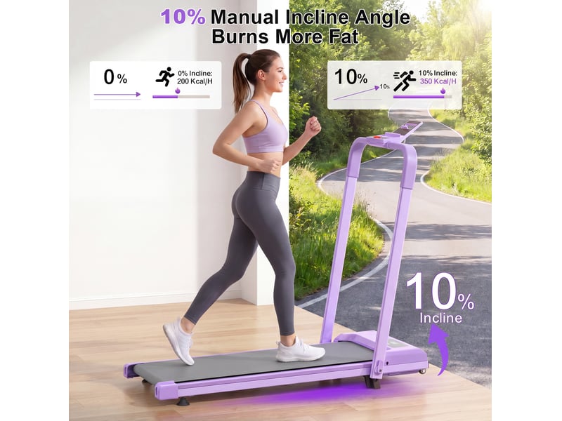  Tapis de course pliable 3 en 1 violet avec inclinaison réglable à 10 %, vitesse maximale 12 kmh, charge 120 kg  - Conforama E