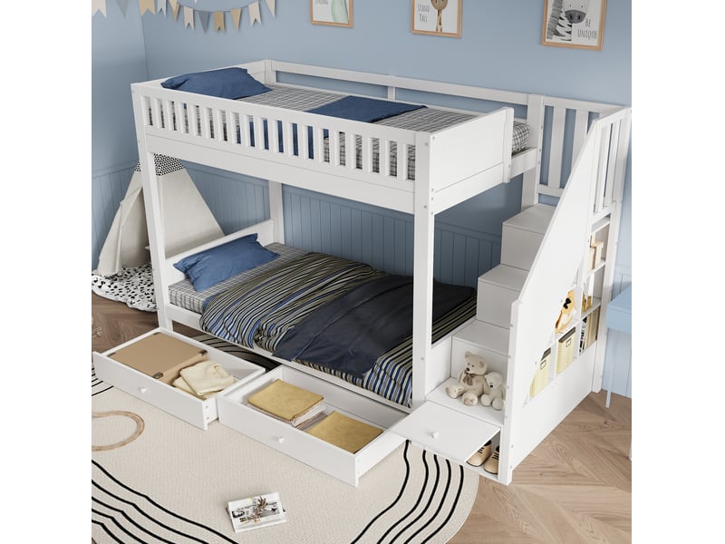  Lit superposé enfant 90x200 cm avec escalier de rangement et 2 tiroirs, bois et mdf, blanc, sans matelas  - Conforama B