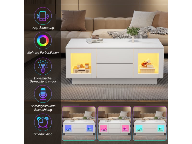  Table basse avec 2 tiroirs, 2 placards et led réglable par application mobile pour salon en mdf 100×50×40 cm blanc  - Conforama E