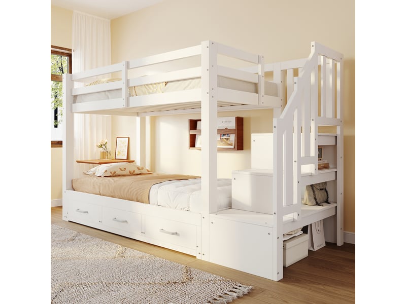  Lit superposé 3 places 90-180 x 190 cm avec lit inférieur extractible, 3 tiroirs et échelle de rangement, blanc BUYDEEMEUS - Conforama C