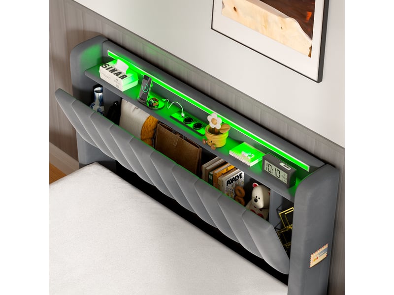  Lit coffre ulevr 140 x 190 cm avec rangement, port usb et éclairage led, velours gris foncé  - Conforama E