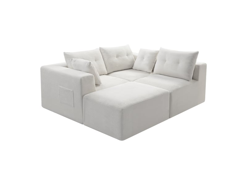  Canapé modulaire 4 places en velours côtelé avec assises profondes, poche de rangement latérale et coussins inclus  - Conforama D