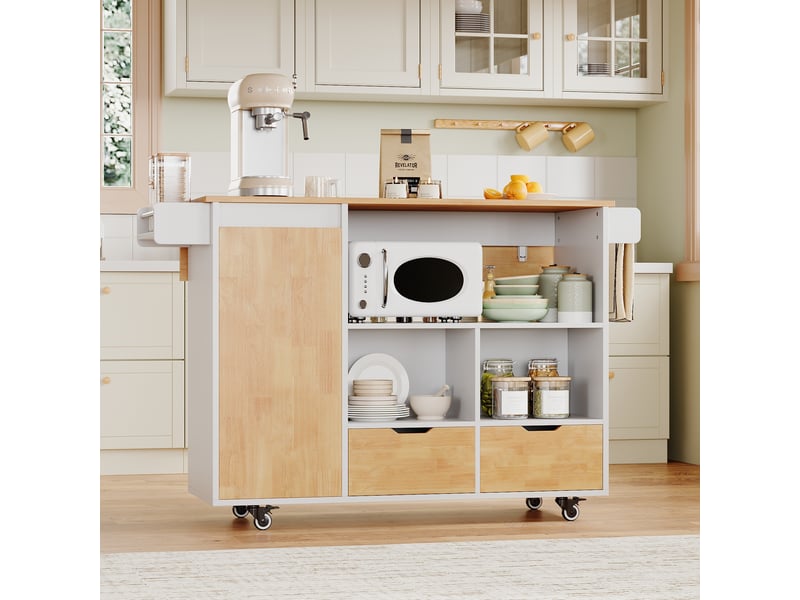 Îlot de cuisine mobile 120x70x91 cm blanc et bois, plateau rabattable, 2 tiroirs et roulettes Fay Lum - Conforama B