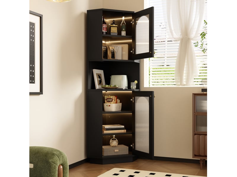  Colonne d'angle 45x45x166,5 cm, éclairage intégré, tablettes réglables, compartiment fermé, salle de bain, mdf noir  - Conforama E