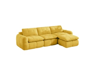 Canapé modulable sans cadre en l 3 places jaune, chenille, mousse 32d, avec 1 pouf, sans montage