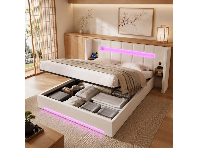  Cadre de lit 160 x 200 cm beige en velours avec rangement hydraulique, led et ports usb  - Conforama C