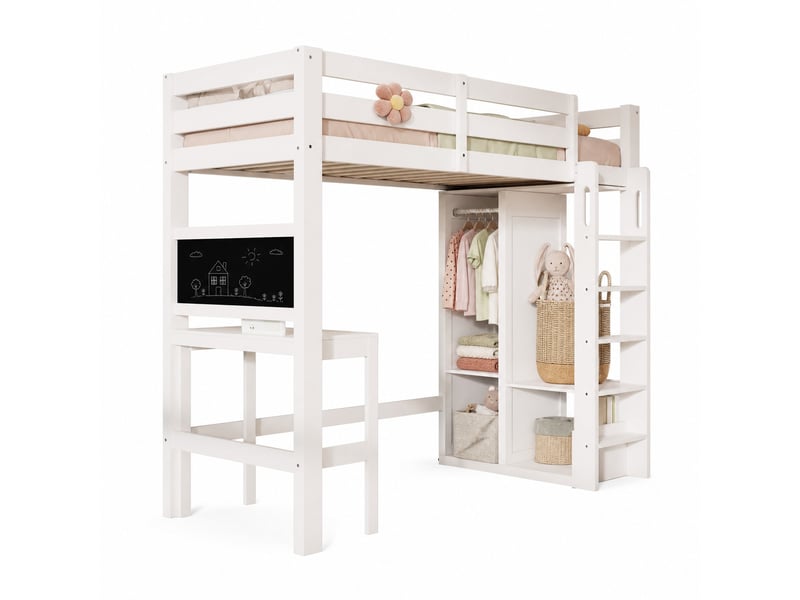  Lit mezzanine, 90x200 cm, avec bureau, armoire ouverte, solutions de rangement, matelas non inclus, bois, coloris blanc  - Conforama A